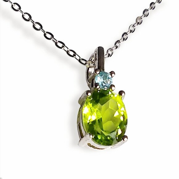 Green Peridot Swiss Blue Topaz 925 Sterling Silver Pendant Necklace 18in 2.8g - Picture 4 of 10